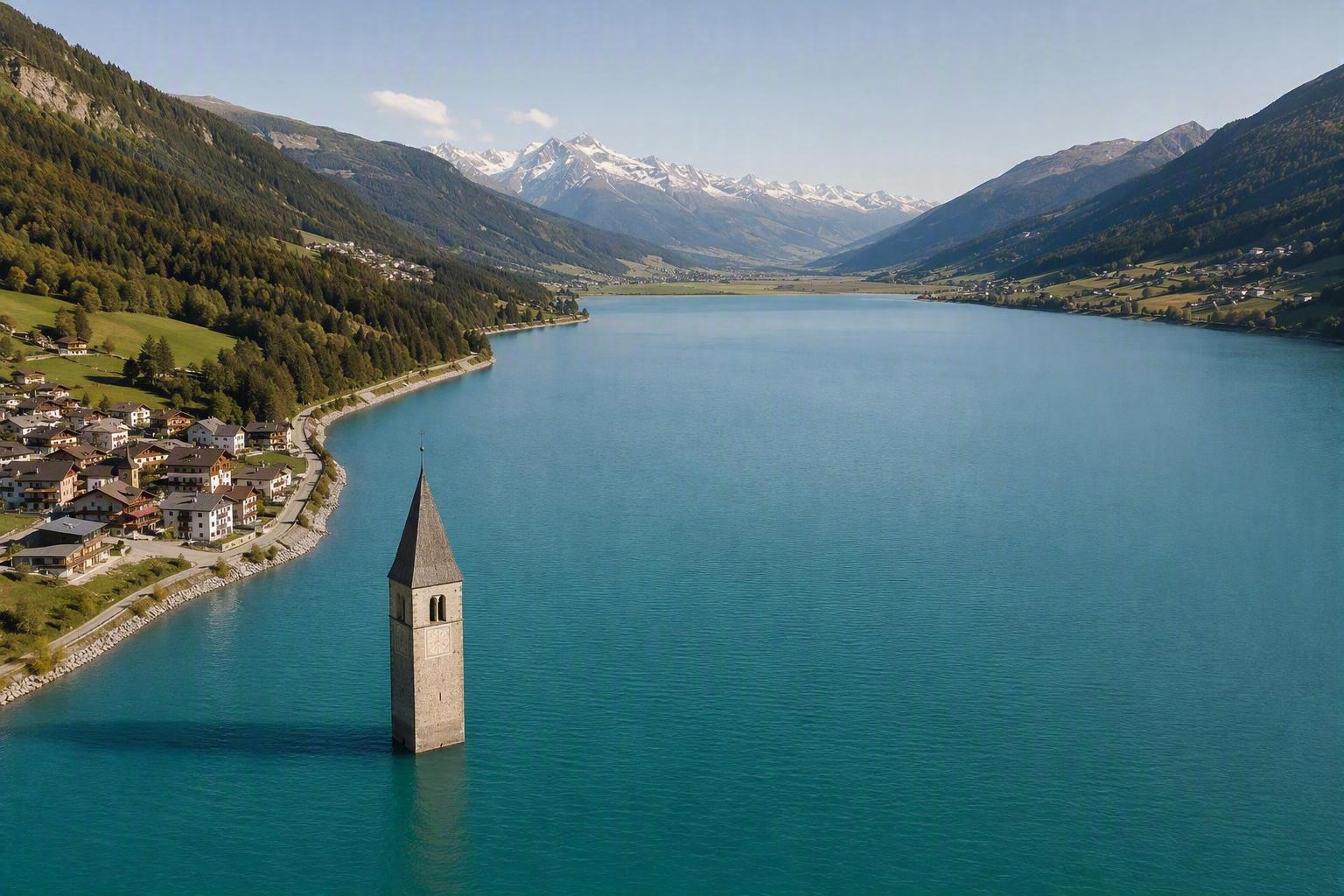 Der Reschensee heute: nur der Kirchturm von Alt-Graun ragt aus dem Wasser